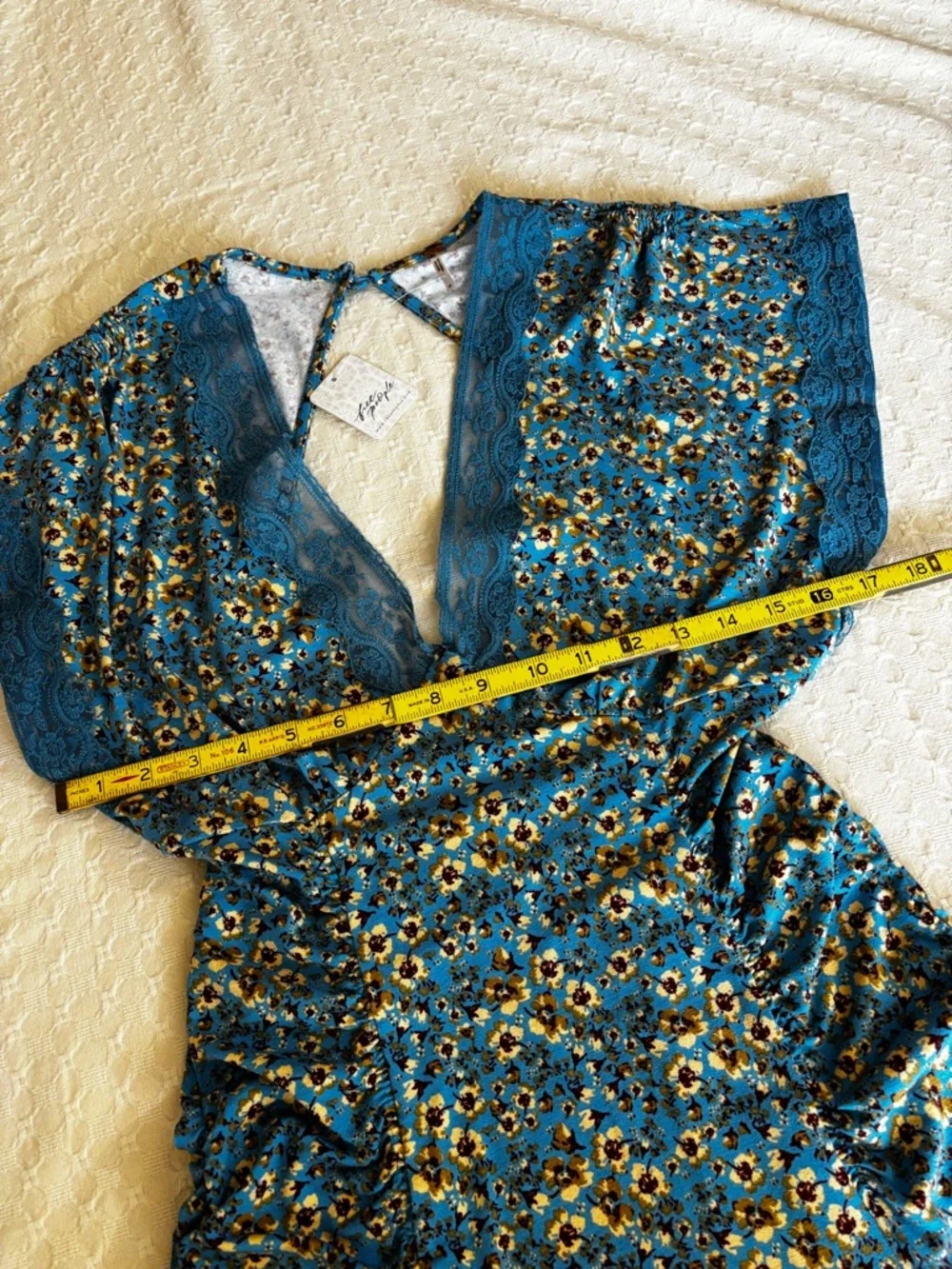 Free People Blue Floral Lace-Trim Open-Back Mini Dress - Picture 7 of 12